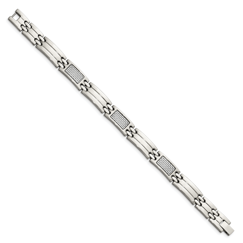 Stainless Steel Polished with Grey Carbon Fiber Inlay Link Bracelet for Men