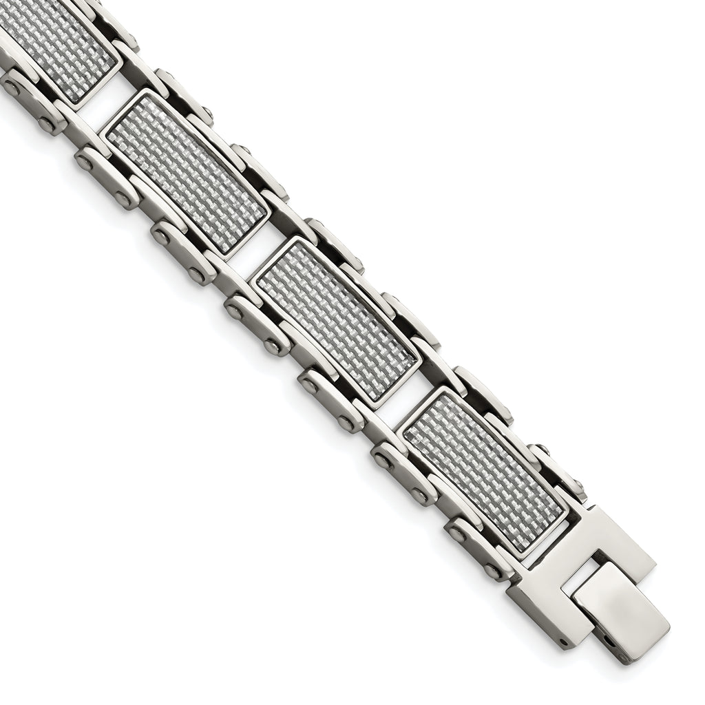 Stainless Steel Polished with Grey Carbon Fiber Inlay Link Bracelet for Men