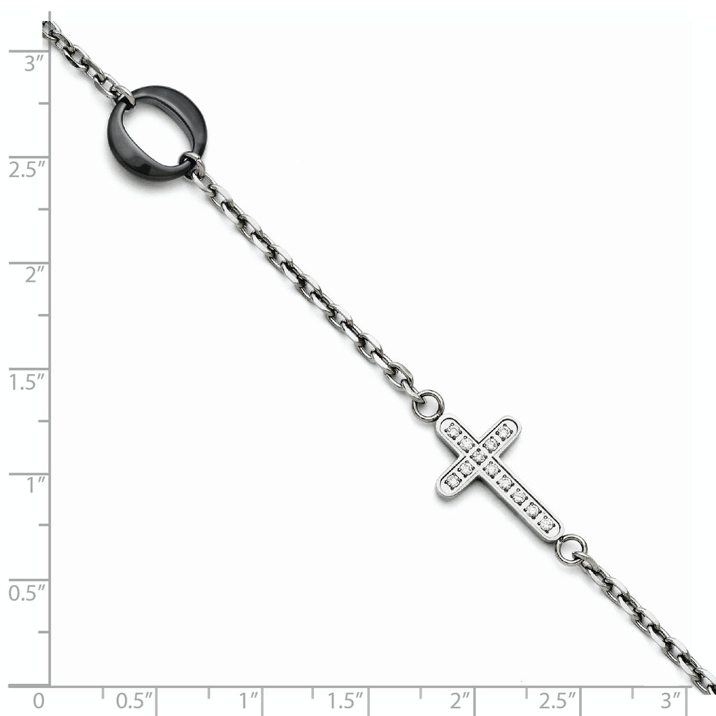 Stainless Steel and Ceramic Polished Sideways Cross Cubic Zirconia Bracelet for Women