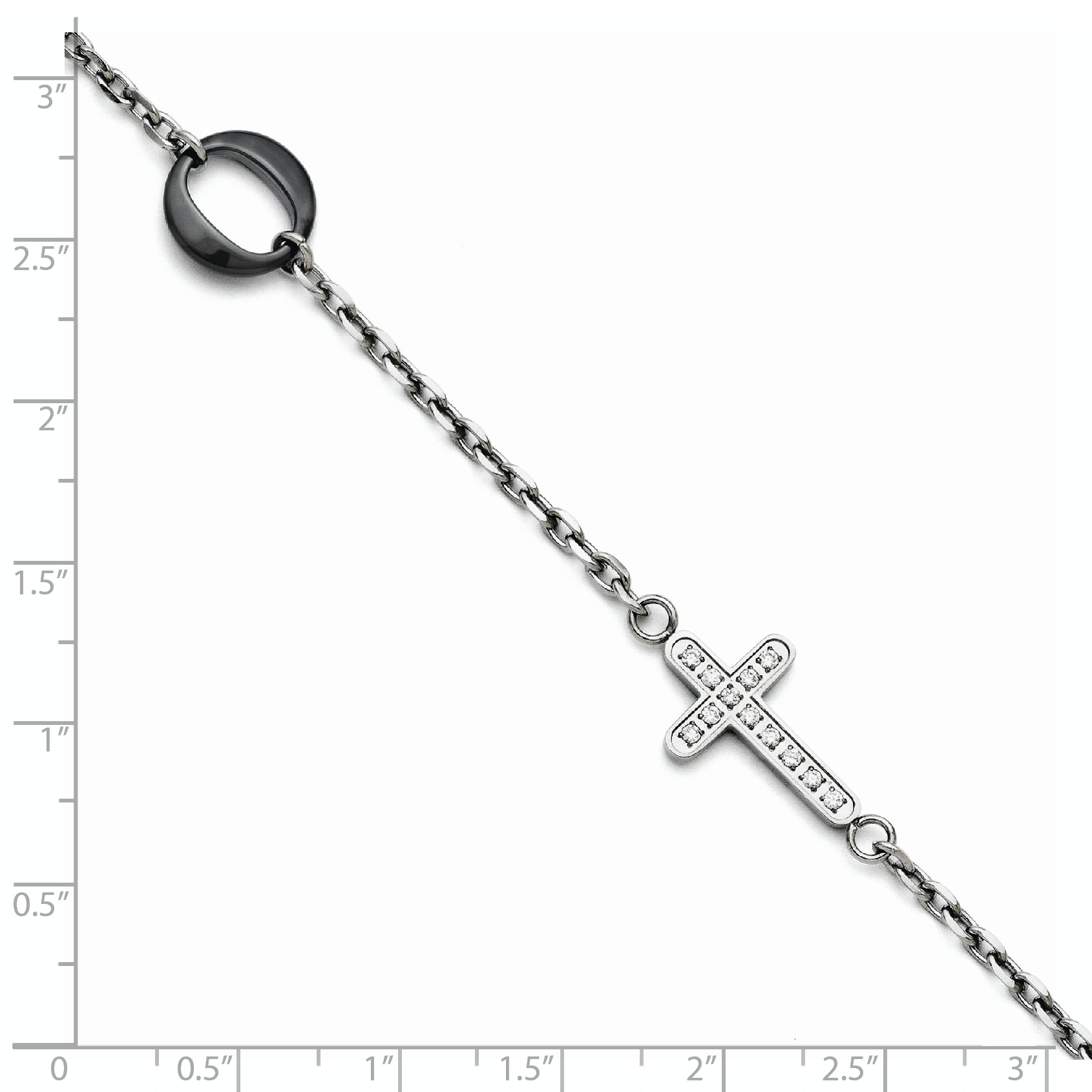 Stainless Steel and Ceramic Polished Sideways Cross Cubic Zirconia Bracelet for Women
