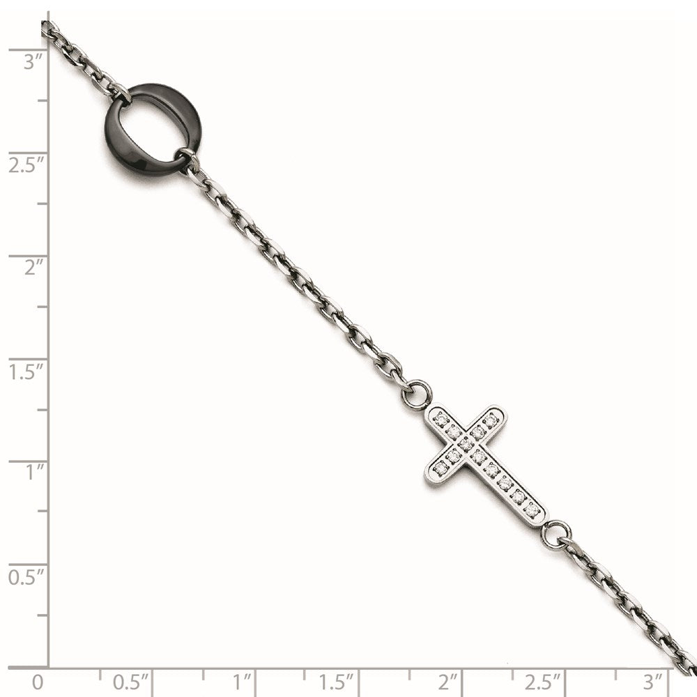 Sideways Cross CZ Bracelet in Stainless Steel & Ceramic, 7.2" - Sophia Jewelers
