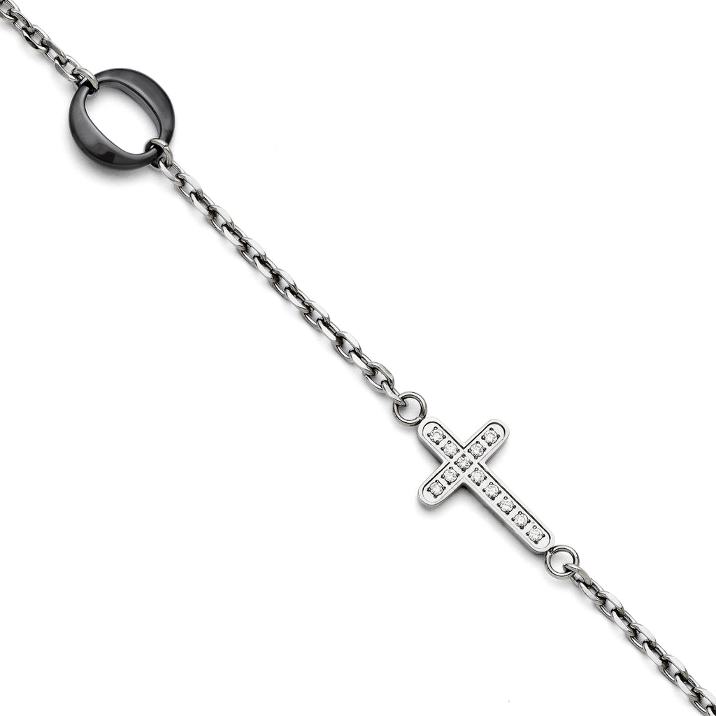 Stainless Steel and Ceramic Polished Sideways Cross Cubic Zirconia Bracelet for Women