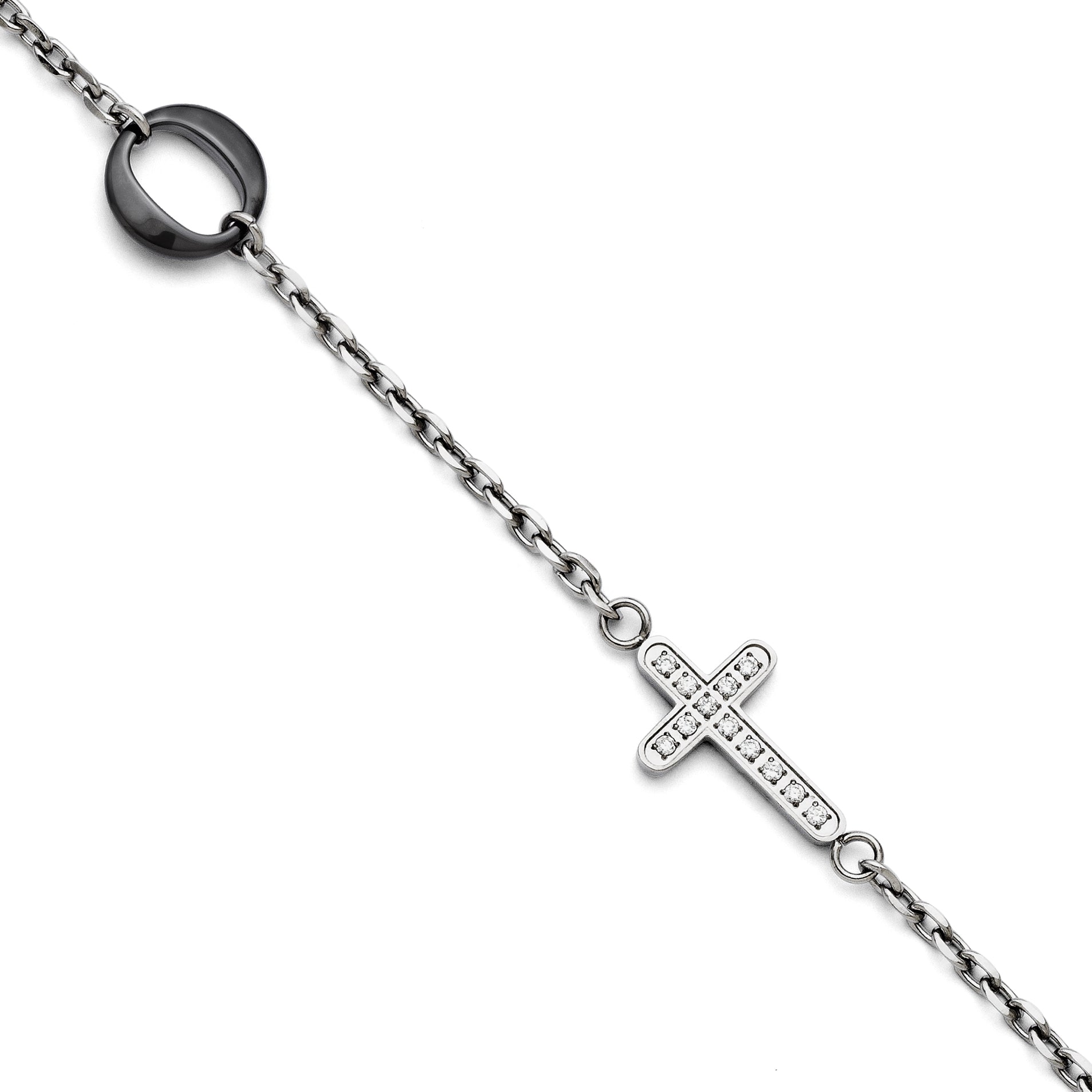 Stainless Steel and Ceramic Polished Sideways Cross Cubic Zirconia Bracelet for Women