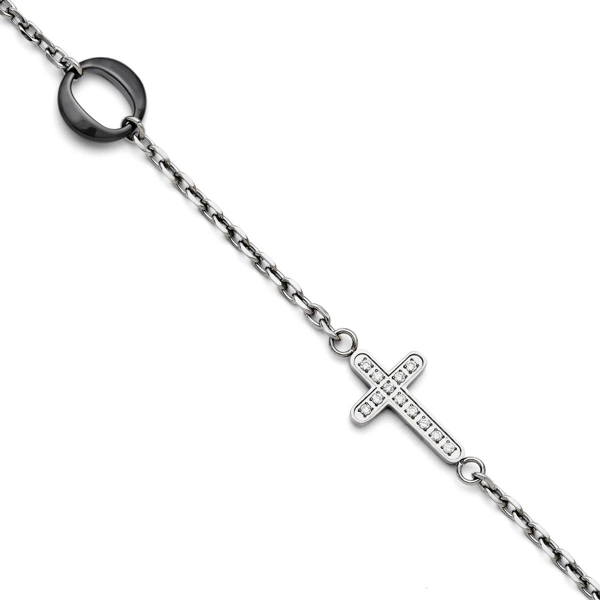 Sideways Cross CZ Bracelet in Stainless Steel & Ceramic, 7.2" - Sophia Jewelers