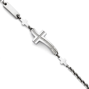 Wavy Cubic Zirconia Sideways Cross Bracelet in Stainless Steel, 7.5" - Sophia Jewelers