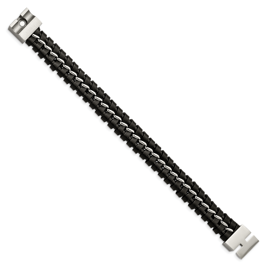 Stainless Steel Brushed and Polished Black Leather Bracelet for Men