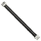 Stainless Steel Brushed and Polished Black Leather Bracelet for Men