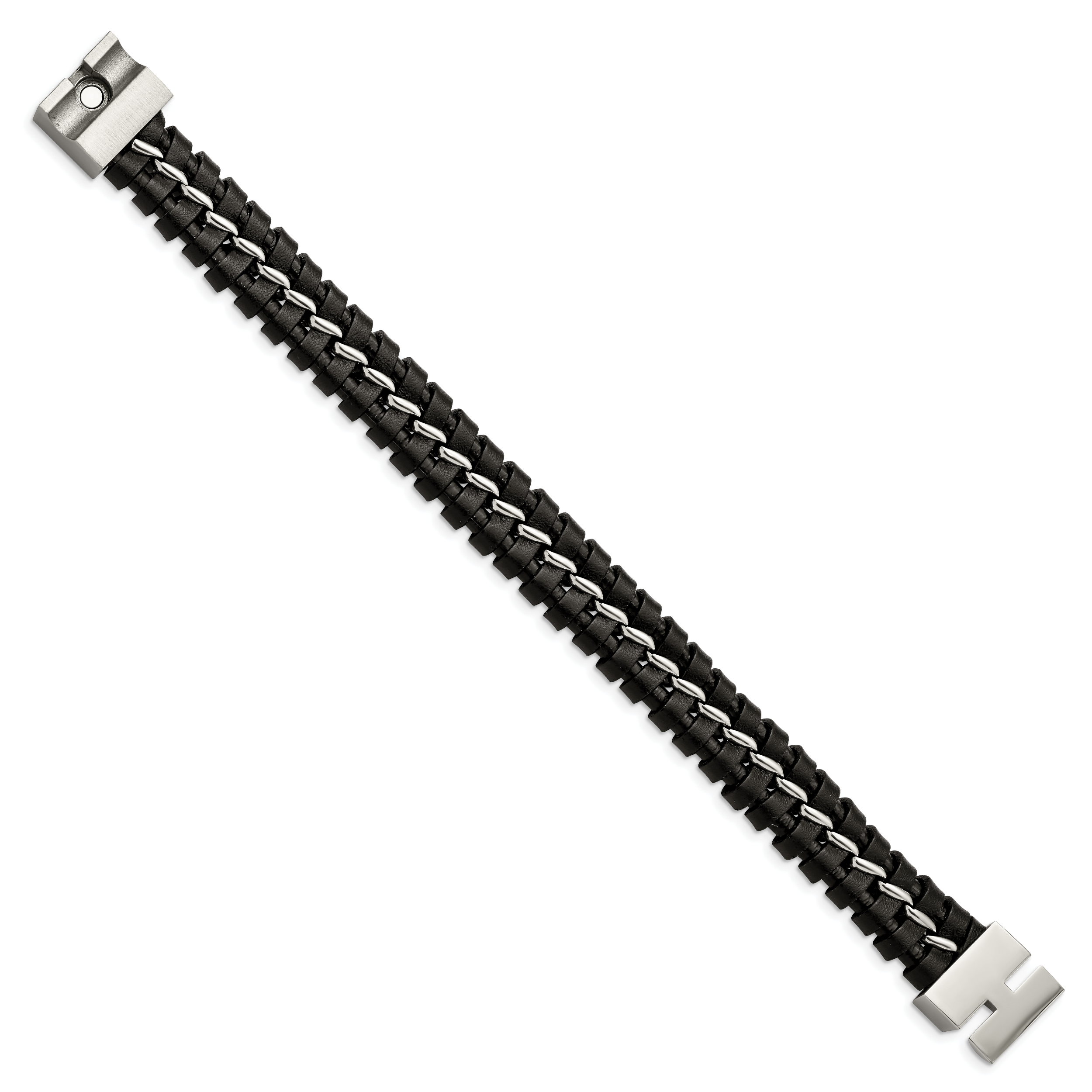 Stainless Steel Brushed and Polished Black Leather Bracelet for Men
