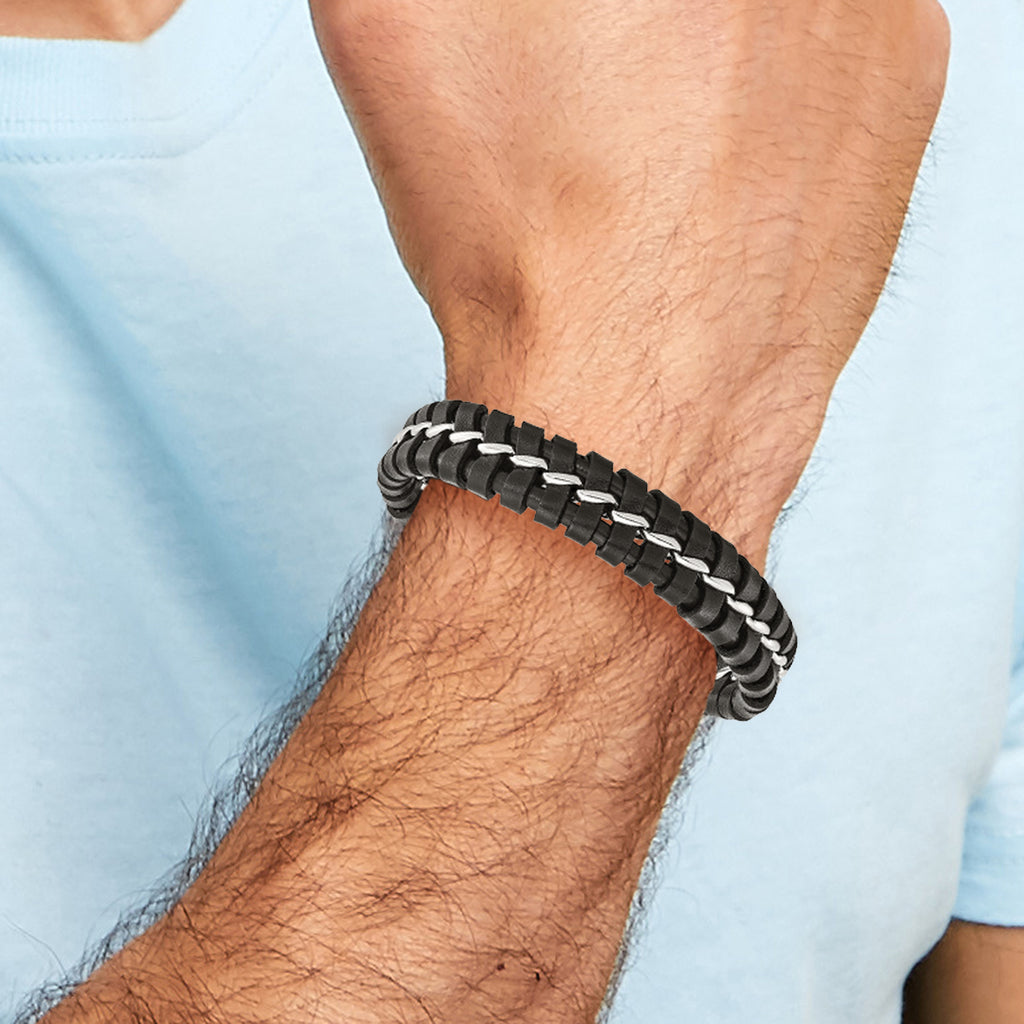 Stainless Steel Brushed and Polished Black Leather Bracelet for Men