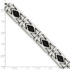 Stainless Steel Brushed with Stringray Textured Black Leather and Black Cubic Zirconia Link Bracelet for Men