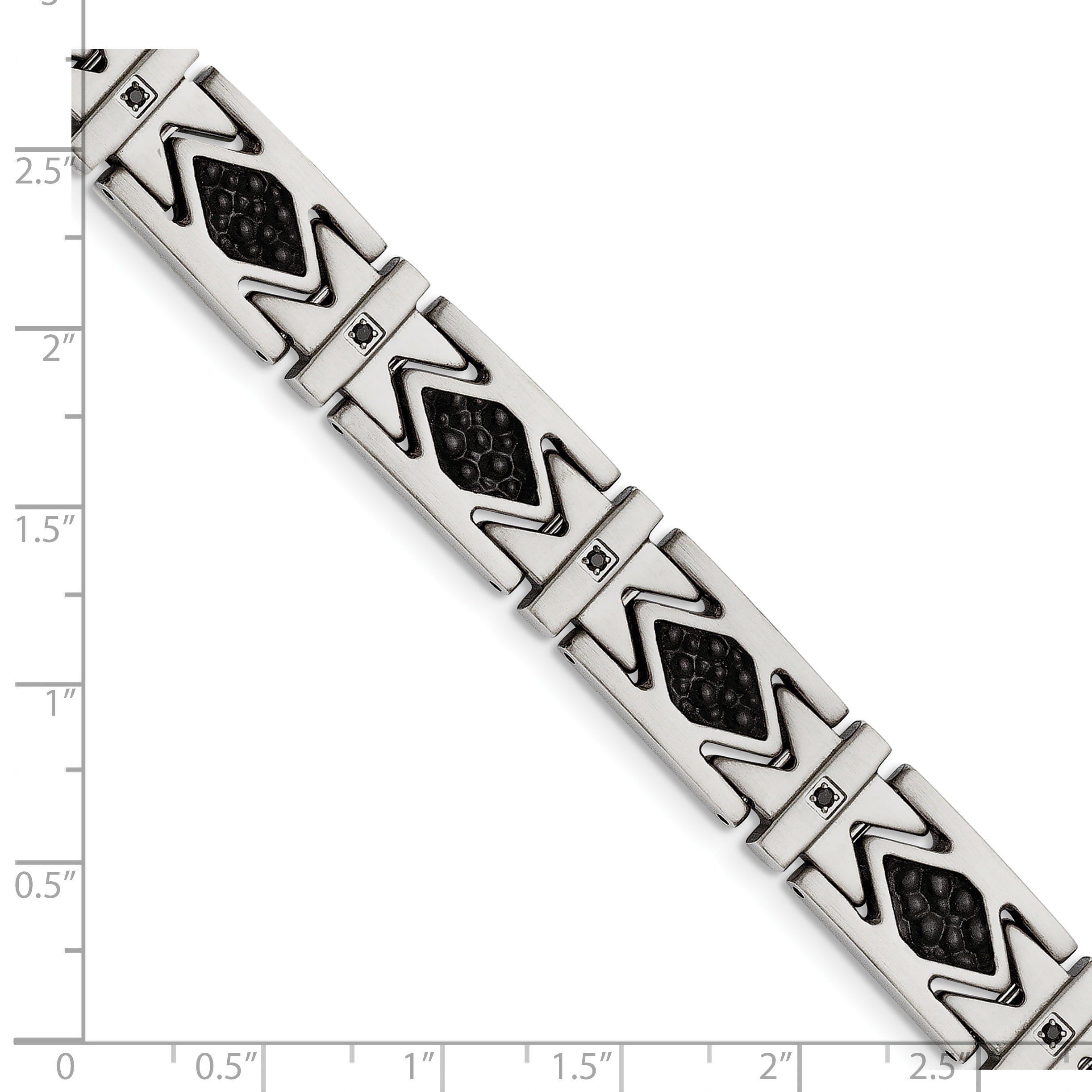 Stainless Steel Brushed with Stringray Textured Black Leather and Black Cubic Zirconia Link Bracelet for Men