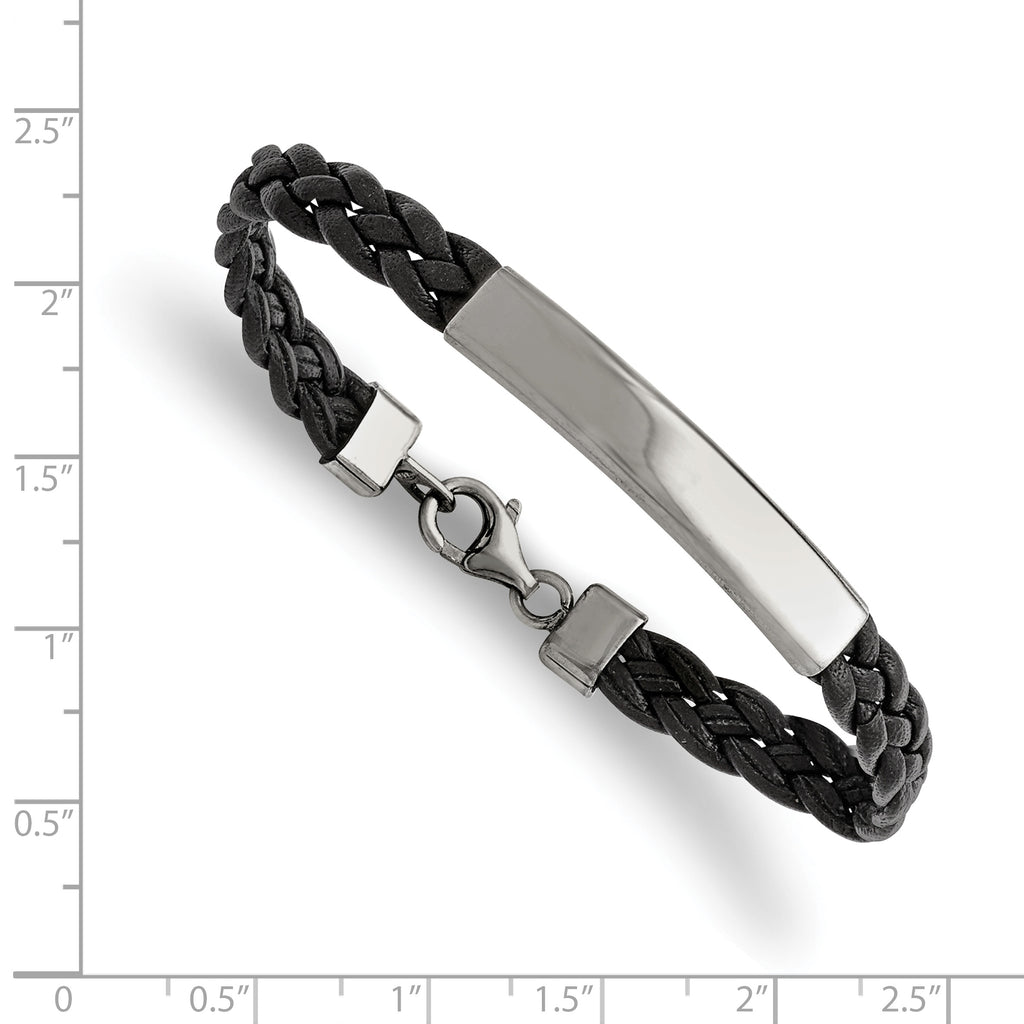 Stainless Steel Polished Braided Black Leather ID Bracelet
