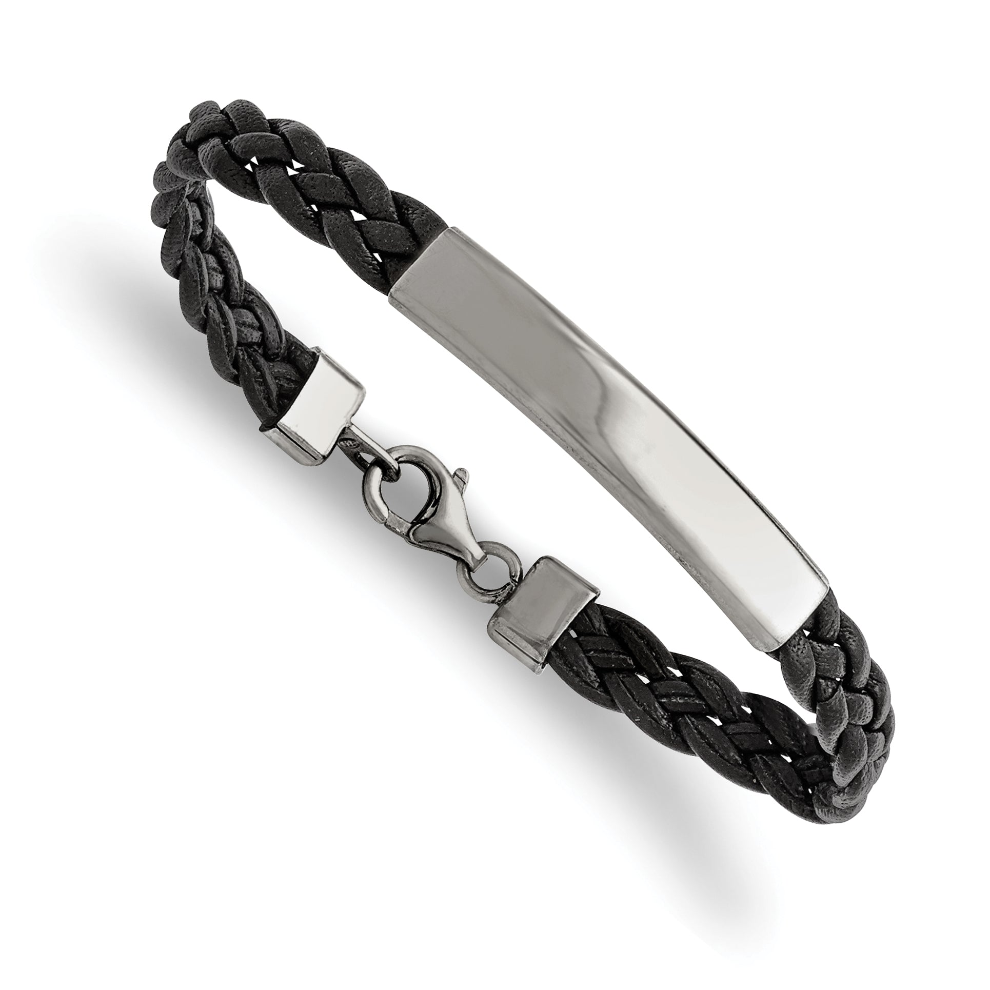 Stainless Steel Polished Braided Black Leather ID Bracelet Main image