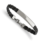 Stainless Steel Polished Braided Black Leather ID Bracelet