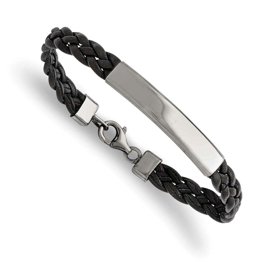 Chisel Stainless Steel Polished Braided Black Leather ID Bracelet