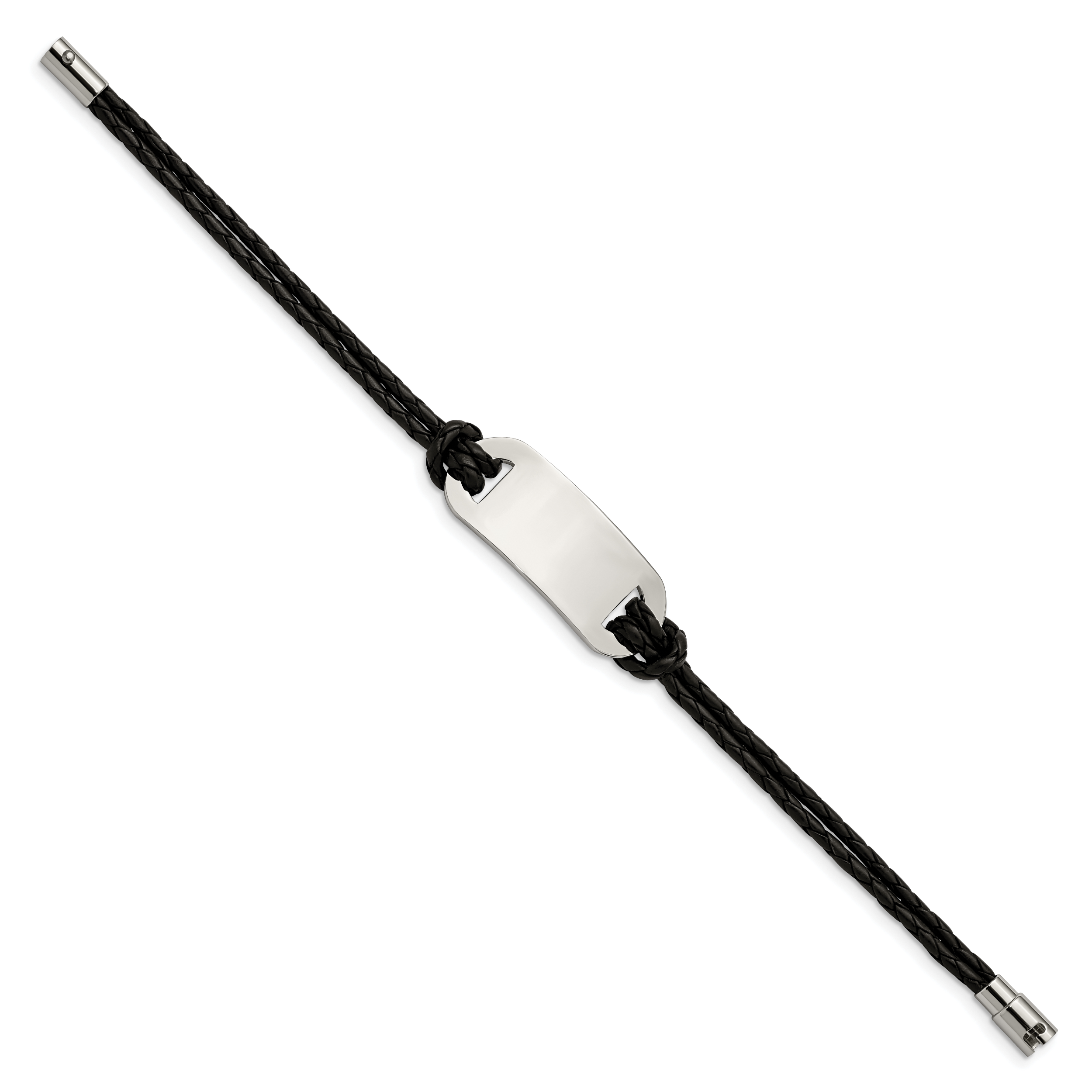 Stainless Steel Polished Black Woven Leather ID Bracelet