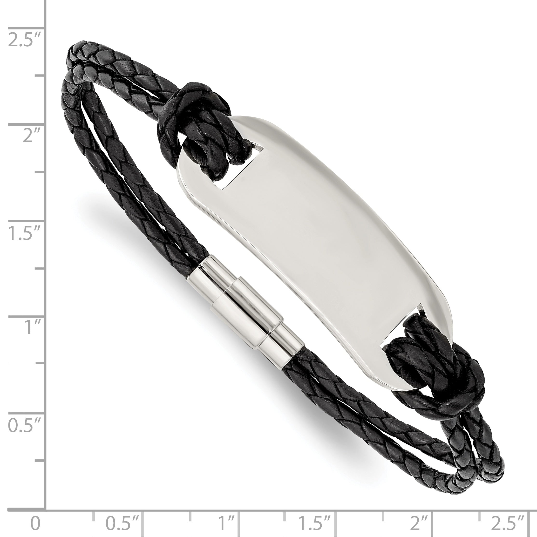 Stainless Steel Polished Black Woven Leather ID Bracelet