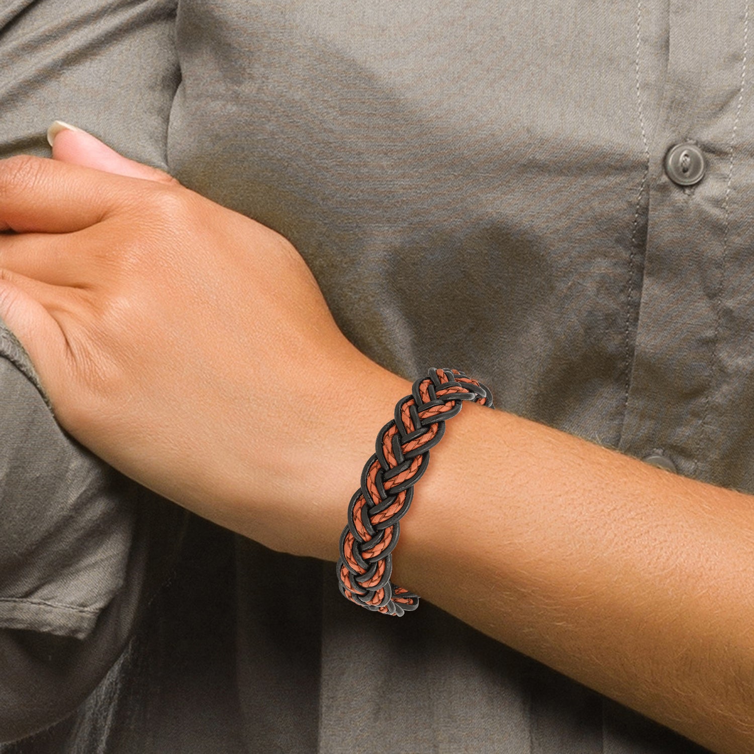 Stainless Steel Brushed Black and Orange Woven Leather Bracelet for Men