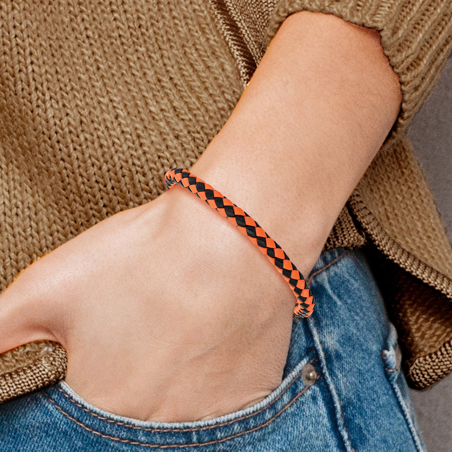 Stainless Steel Polished Black IP-plated Black and Orange Braided Leather Bracelet for Men