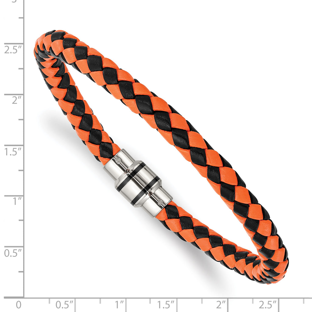 Stainless Steel Polished Black IP-plated Black and Orange Braided Leather Bracelet for Men