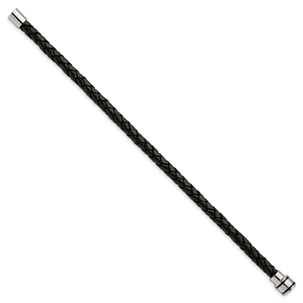 Stainless Steel Polished Black IP-plated Black Braided Leather Bracelet for Men