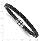Stainless Steel Polished Black IP-plated Black Braided Leather Bracelet for Men
