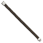 Stainless Steel Brown Woven Leather Antiqued Finish Clasp Bracelet