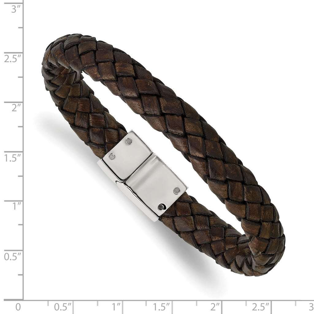 Stainless Steel Brown Woven Leather Antiqued Finish Clasp Bracelet