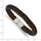 Stainless Steel Brown Woven Leather Antiqued Finish Clasp Bracelet
