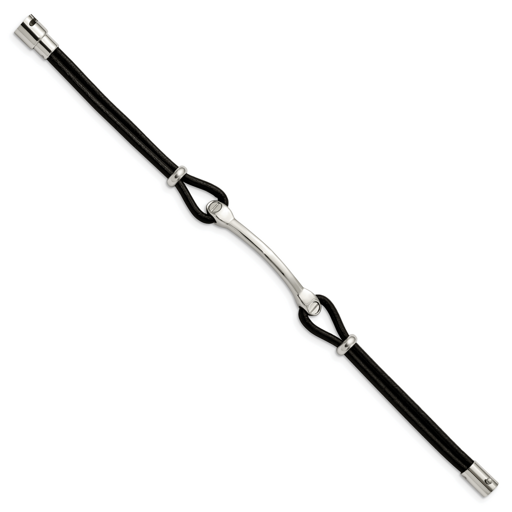 Stainless Steel Polished Black Leather ID Bracelet