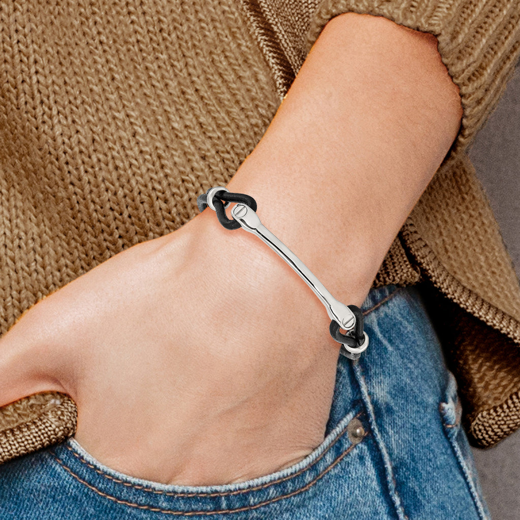 Stainless Steel Polished Black Leather ID Bracelet