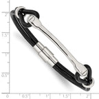 Stainless Steel Polished Black Leather ID Bracelet