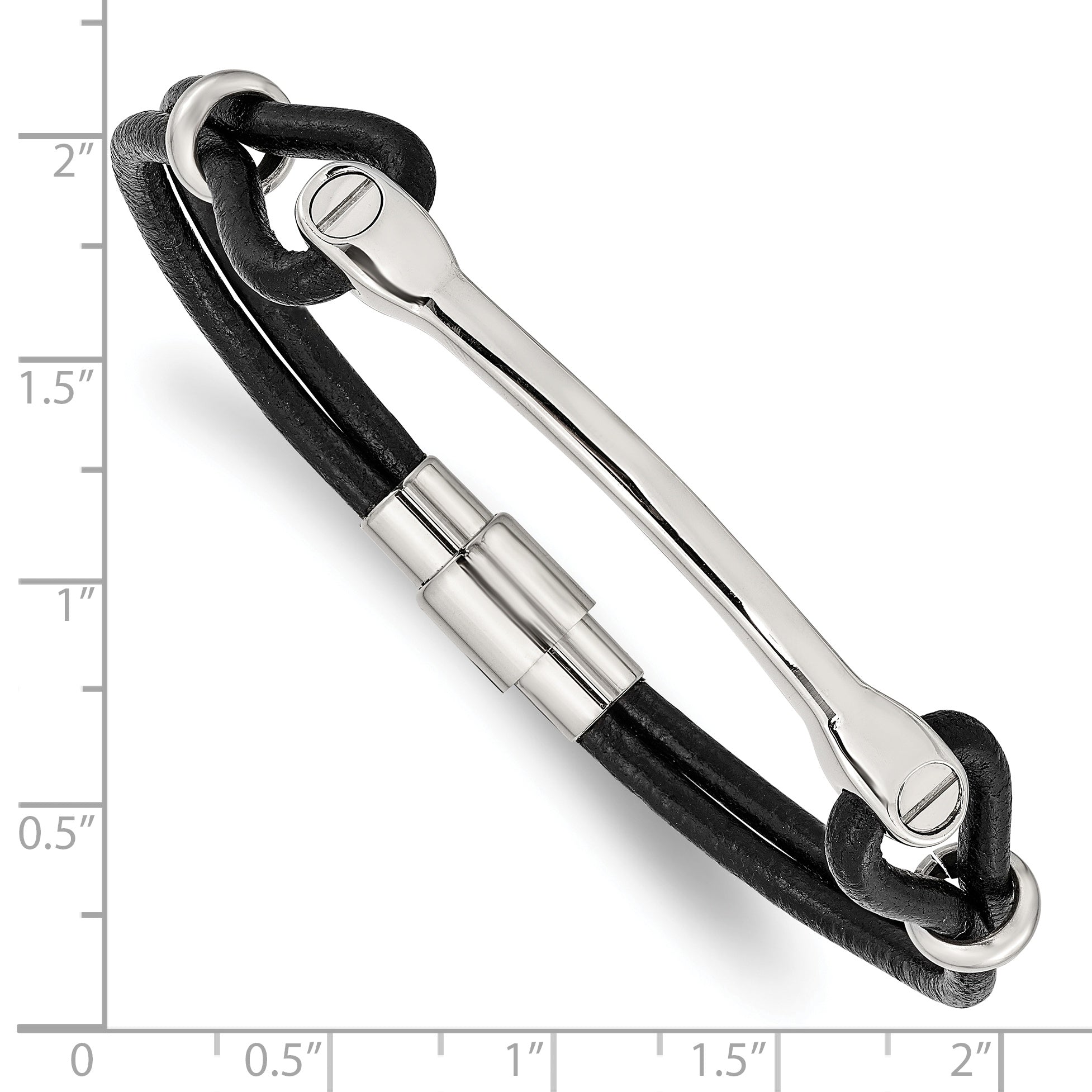 Stainless Steel Polished Black Leather ID Bracelet