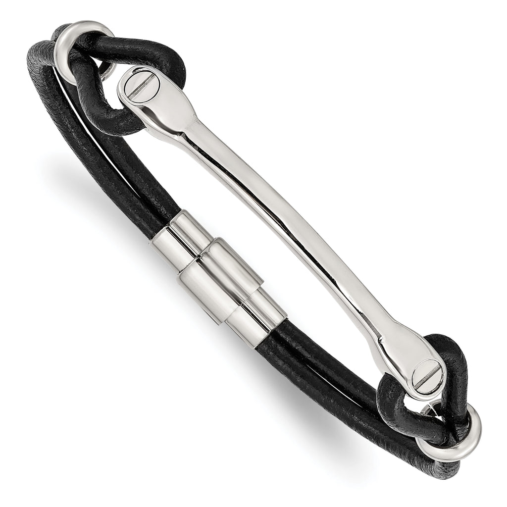 Stainless Steel Polished Black Leather ID Bracelet