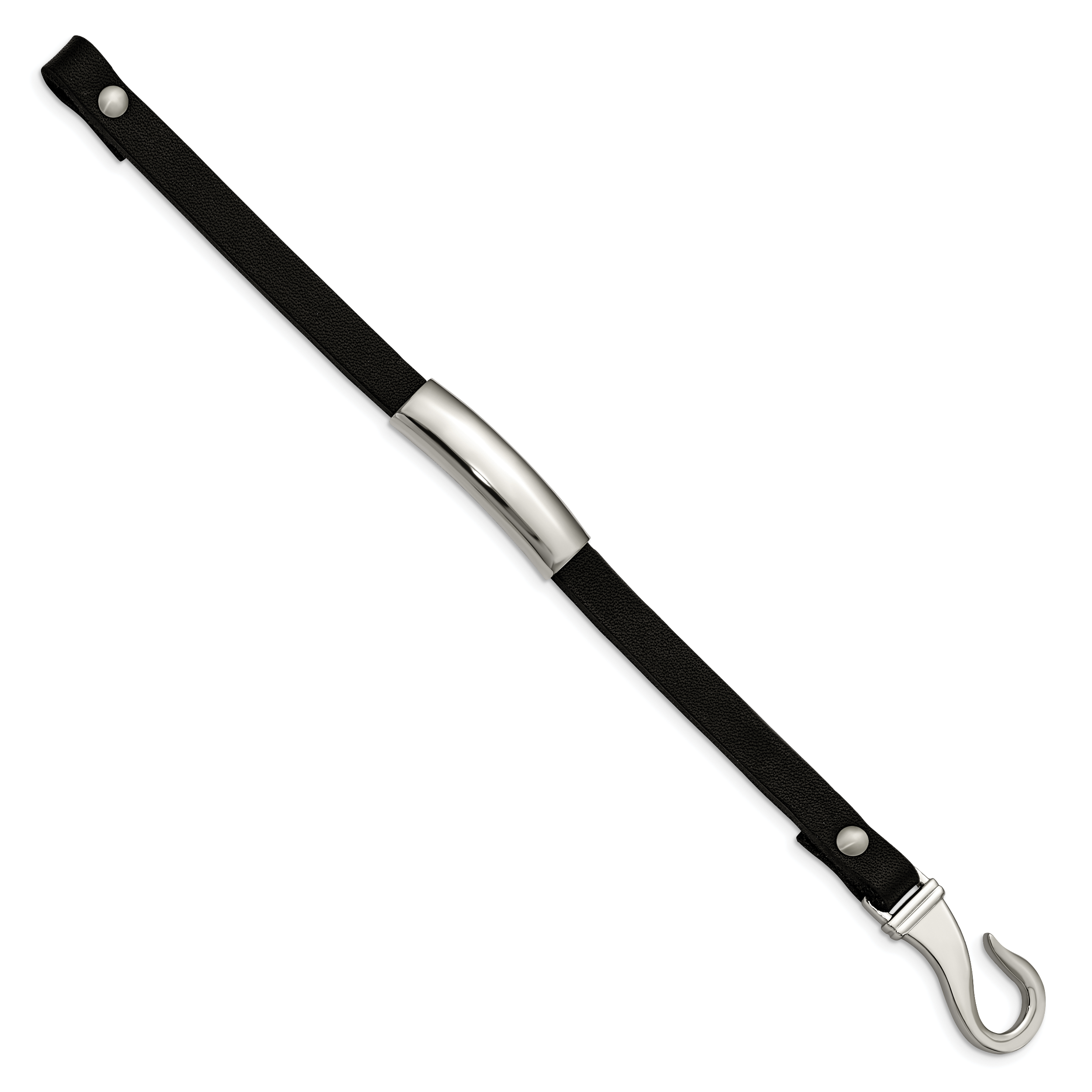 Stainless Steel Polished Black Leather ID Bracelet