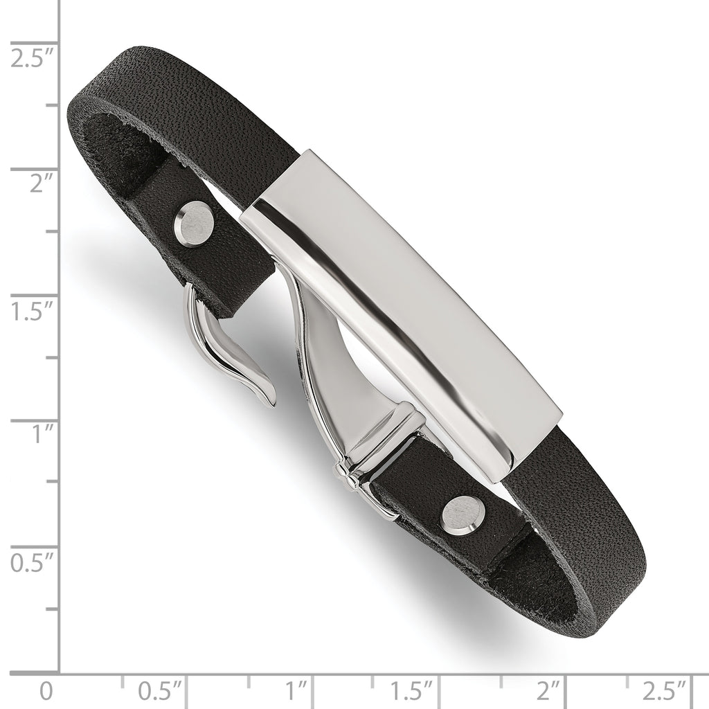 Stainless Steel Polished Black Leather ID Bracelet