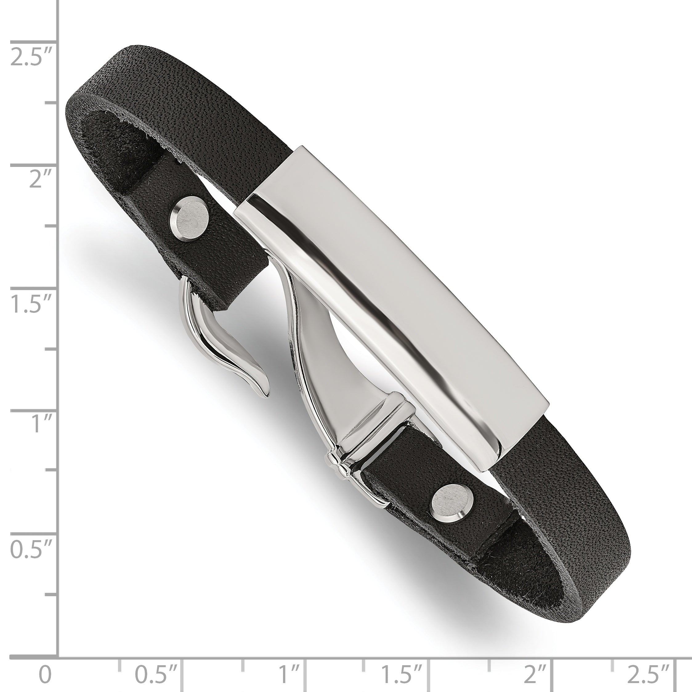 Stainless Steel Polished Black Leather ID Bracelet