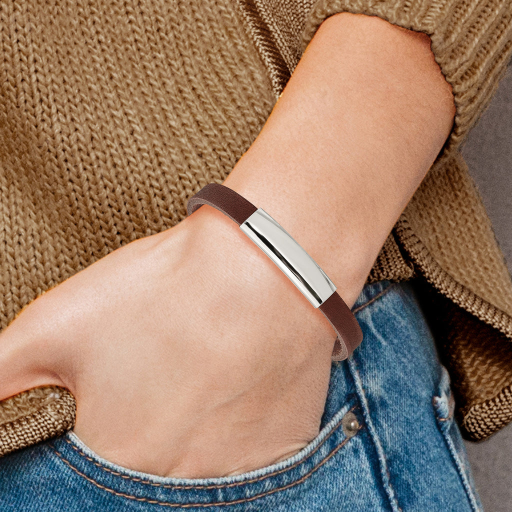 Stainless Steel Polished Brown Leather ID Bracelet for Men