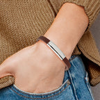 Stainless Steel Polished Brown Leather ID Bracelet for Men
