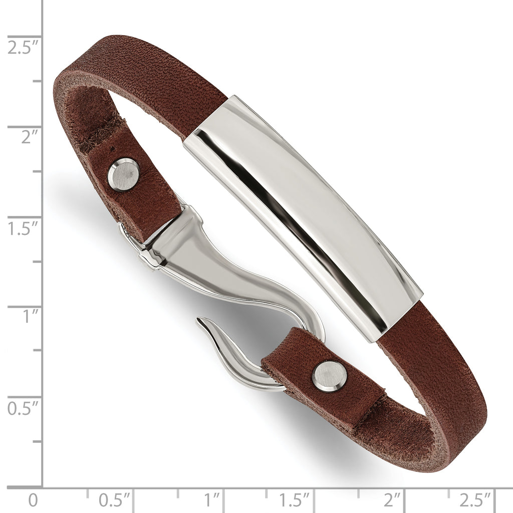 Stainless Steel Polished Brown Leather ID Bracelet for Men