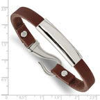 Stainless Steel Polished Brown Leather ID Bracelet for Men