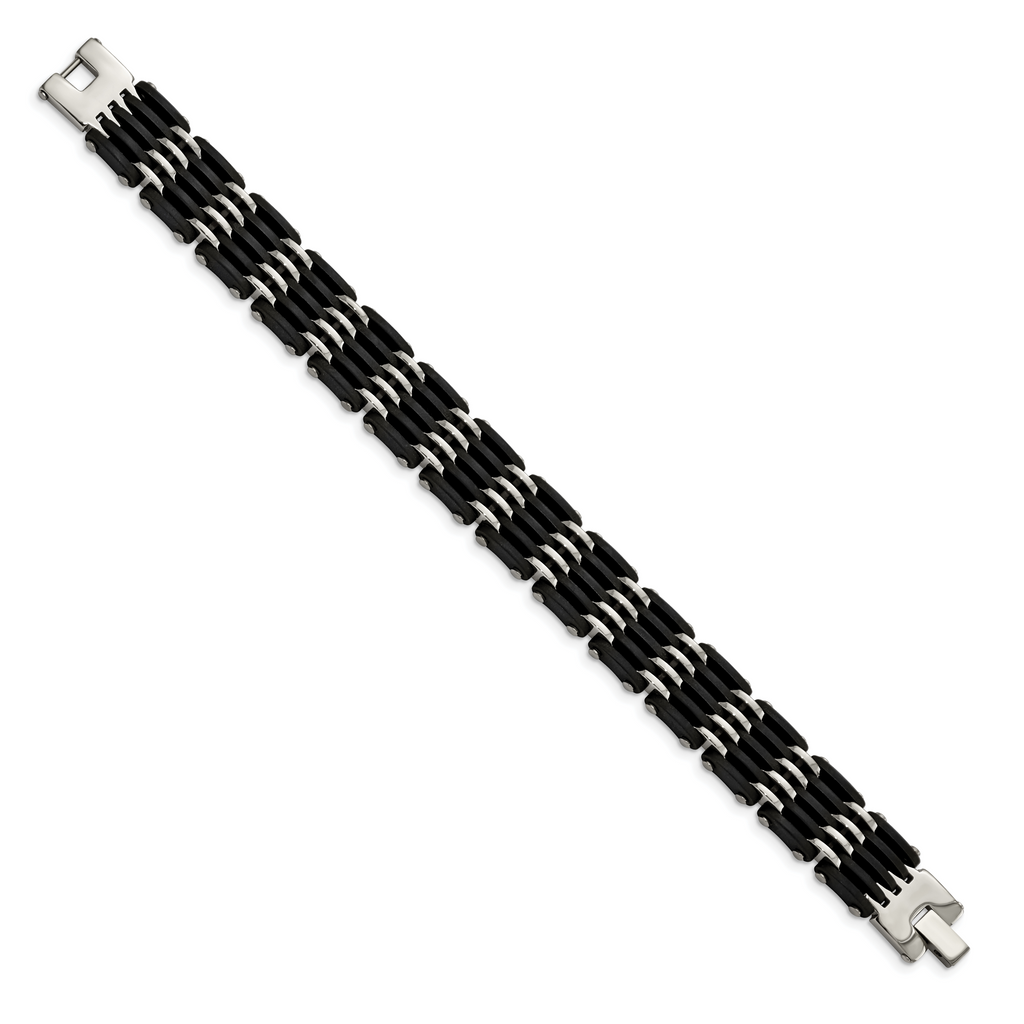Stainless Steel Polished with Black Rubber Link Bracelet for Men