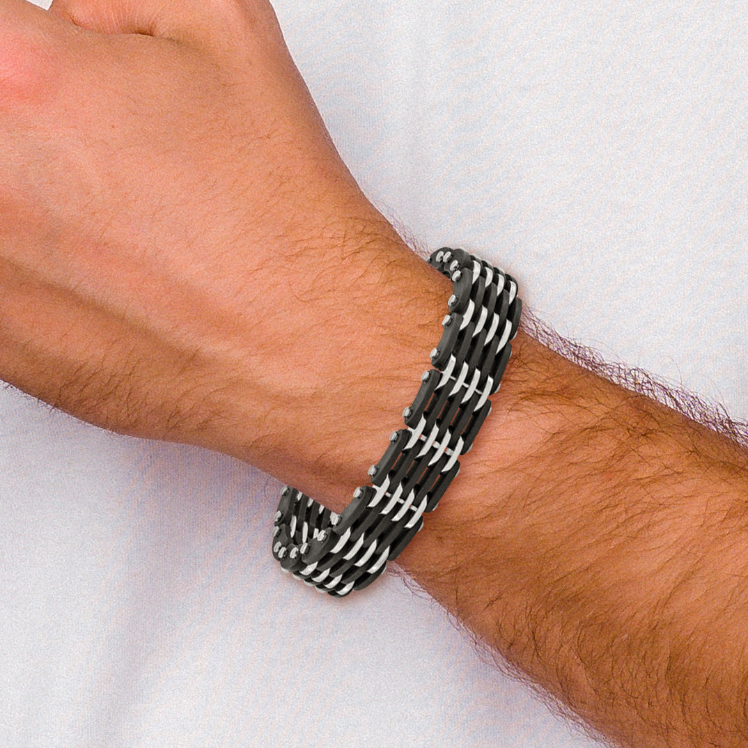 Stainless Steel Polished with Black Rubber Link Bracelet for Men