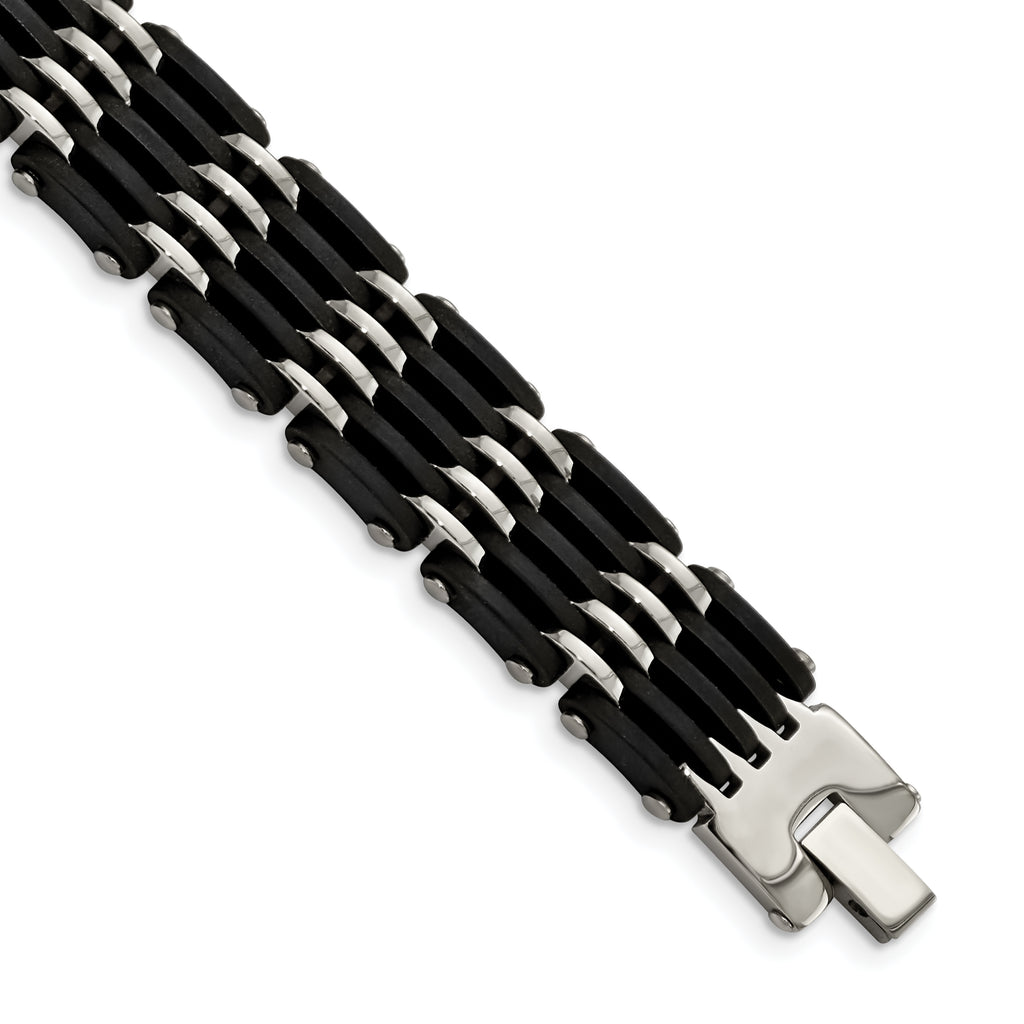 Stainless Steel Polished with Black Rubber Link Bracelet for Men