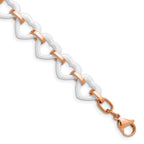Stainless Steel Polished Rose IP-plated with White Ceramic Heart Links Bracelet with . Extension for Women