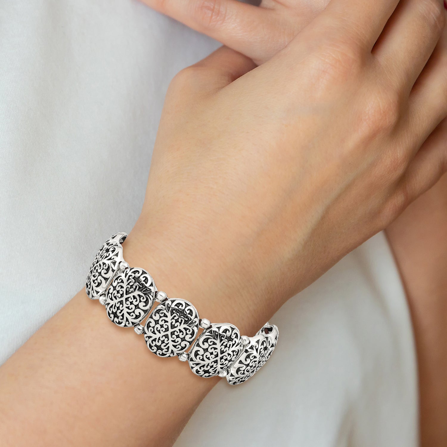 Stainless Steel Antiqued and Polished Oval Stretch Bracelet for Women