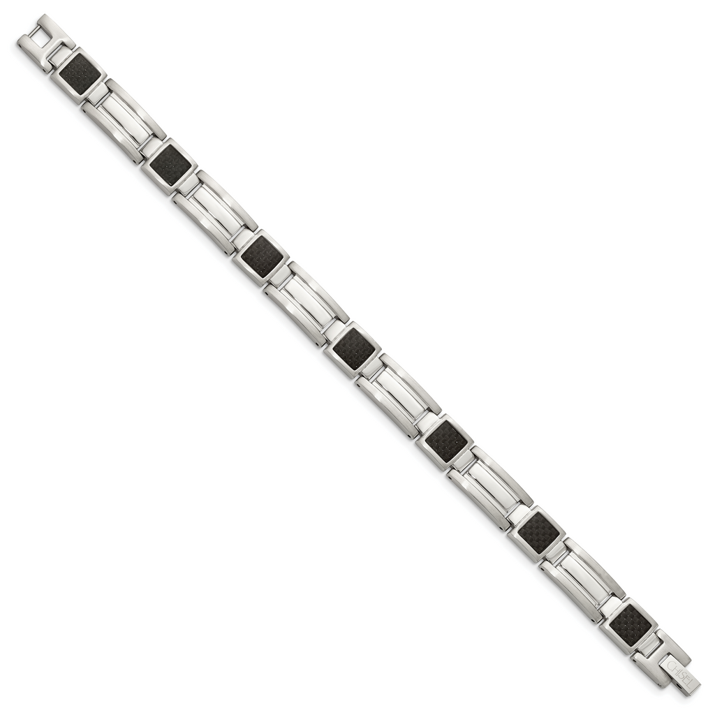 Stainless Steel Polished with Black Carbon Fiber Inlay Link Bracelet for Men