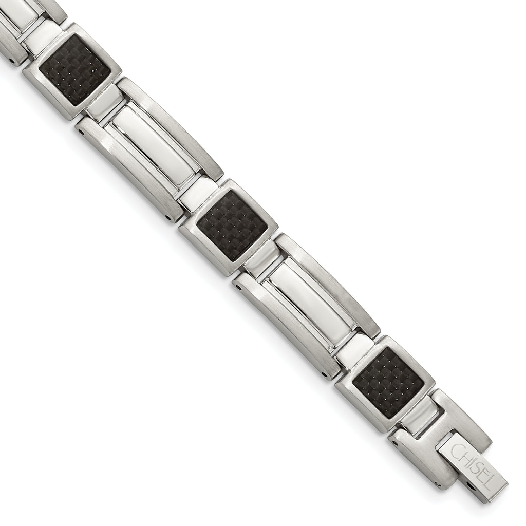 Stainless Steel Polished with Black Carbon Fiber Inlay Link Bracelet for Men