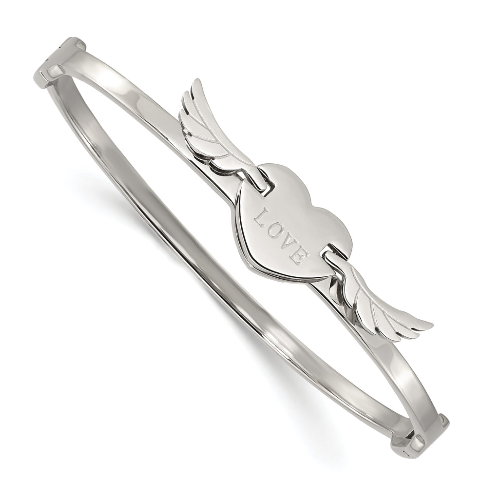 Stainless Steel Polished Moveable Love Heart with Wings Bangle Bracelet for Women