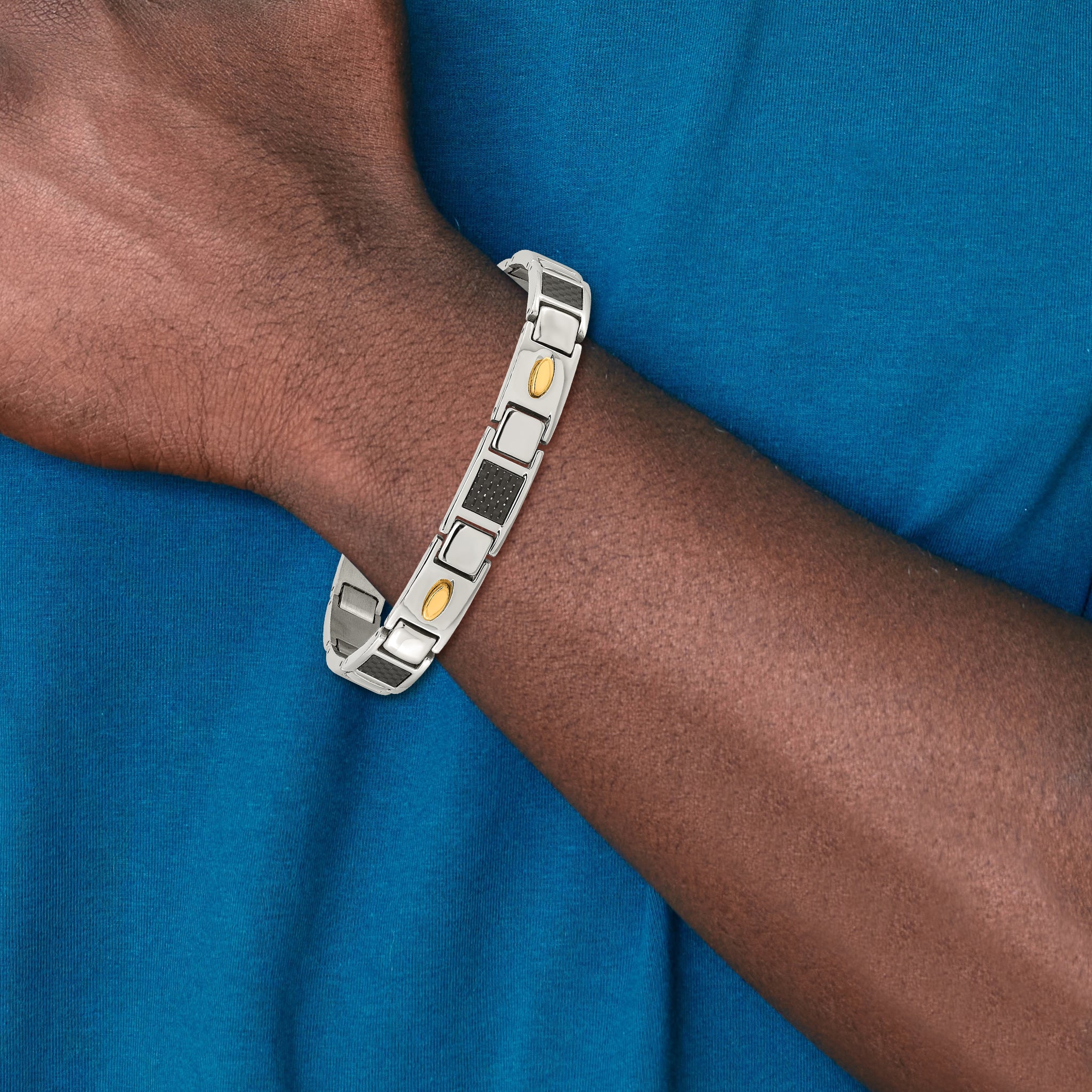 Stainless Steel Polished Yellow IP-plated with Black Carbon Fiber Inlay Link Bracelet for Men